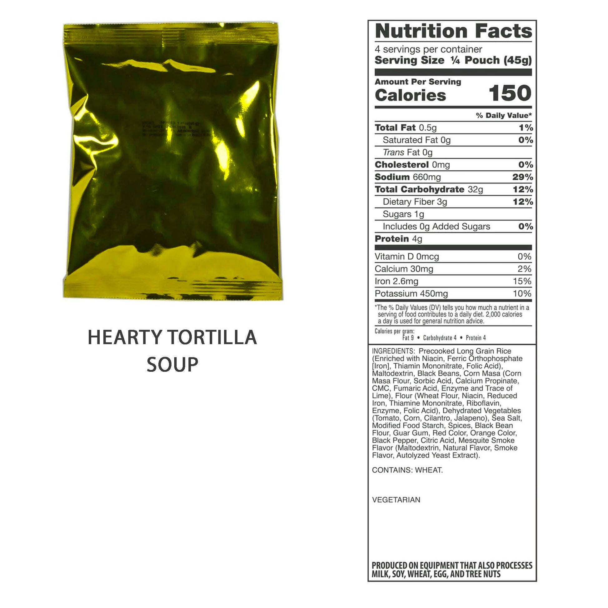A shiny yellow package labeled Hearty Tortilla Soup with a nutrition label showing 150 vegetarian calories per serving is ideal for your American Reserves Red 64 Piece Survival Backpack, ready to accompany your portable stove.