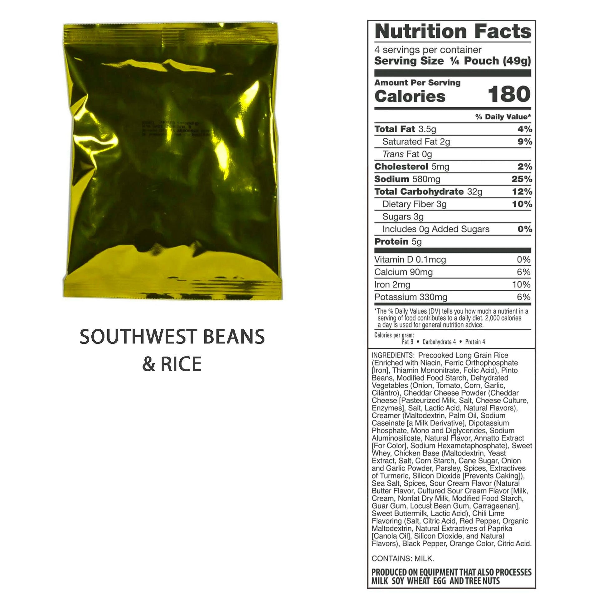 A reflective yellow food pouch labeled Southwest Beans & Rice sits next to a detailed nutrition facts panel, ideal for packing into an American Reserves Red 64 Piece Survival Backpack.