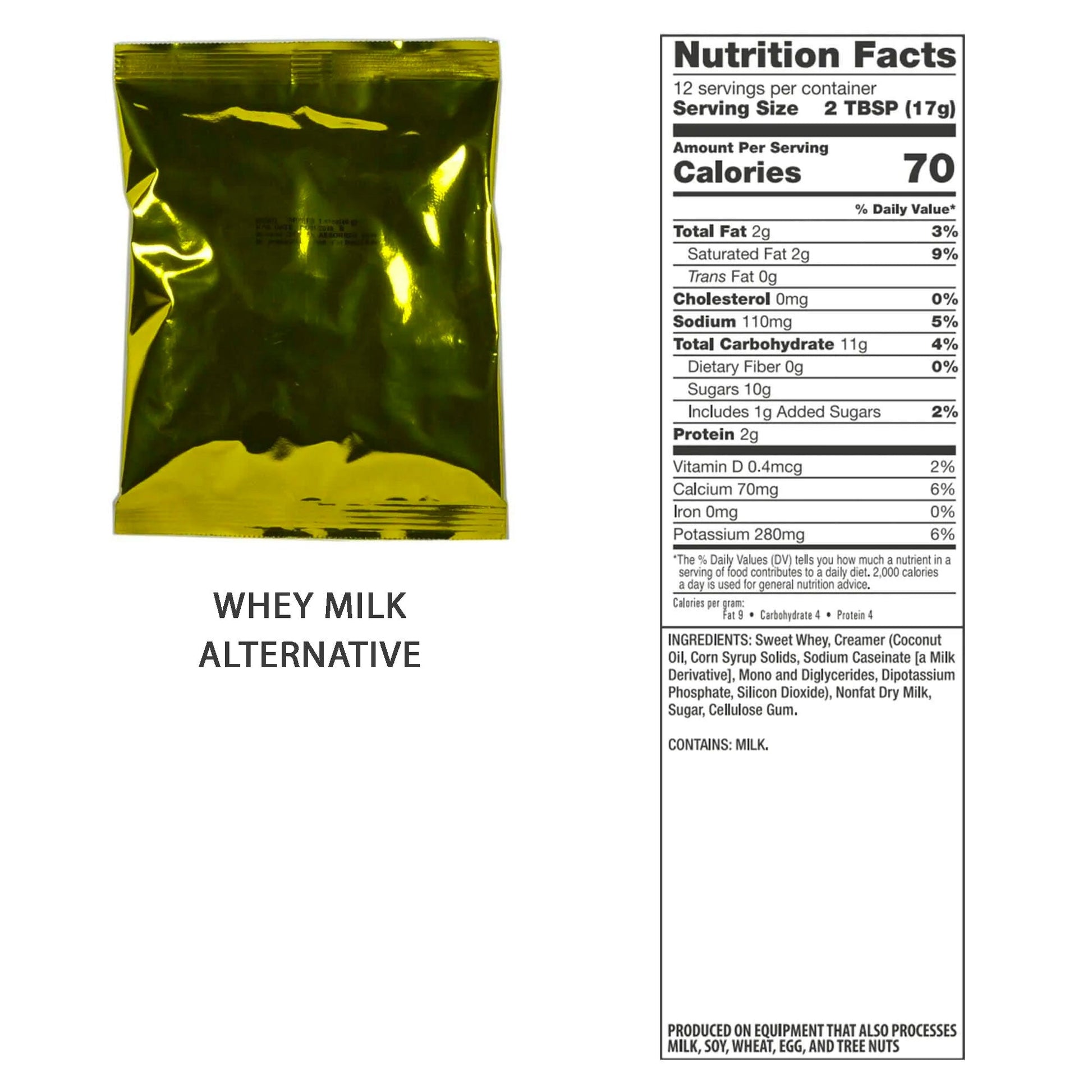 A shiny gold packet labeled Whey Milk Alternative rests next to a detailed nutrition facts panel, ideal for stashing in your American Reserves Red 64 Piece Survival Backpack for nourishment on the go.