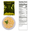 An American Reserves shiny sealed yellow packet of Emergency Freeze Dried Powdered Eggs - 144 Servings is shown with nutrition facts nearby. A plate of scrambled eggs garnished with basil is displayed below. The packet boasts a 10-year shelf life and includes calories and nutritional information.