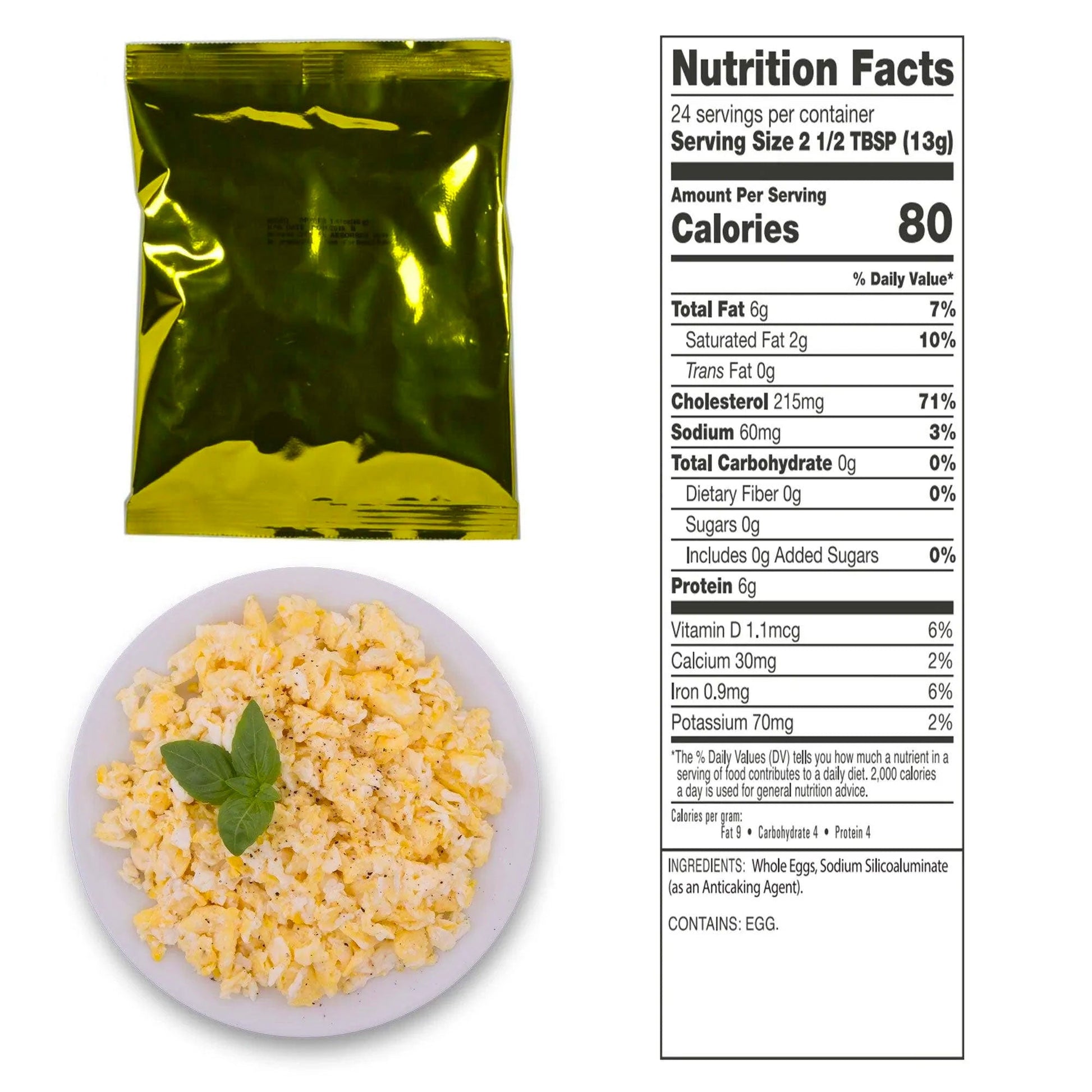An American Reserves shiny sealed yellow packet of Emergency Freeze Dried Powdered Eggs - 144 Servings is shown with nutrition facts nearby. A plate of scrambled eggs garnished with basil is displayed below. The packet boasts a 10-year shelf life and includes calories and nutritional information.