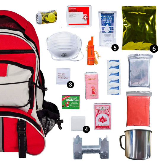 The Red 64 Piece Survival Backpack by American Reserves includes a flashlight, first aid kit, mask, whistle, water pack, blanket, matches, soap, playing cards, portable stove, and cup.