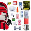 The Red 64 Piece Survival Backpack by American Reserves includes a flashlight, first aid kit, mask, whistle, water pack, blanket, matches, soap, playing cards, portable stove, and cup.