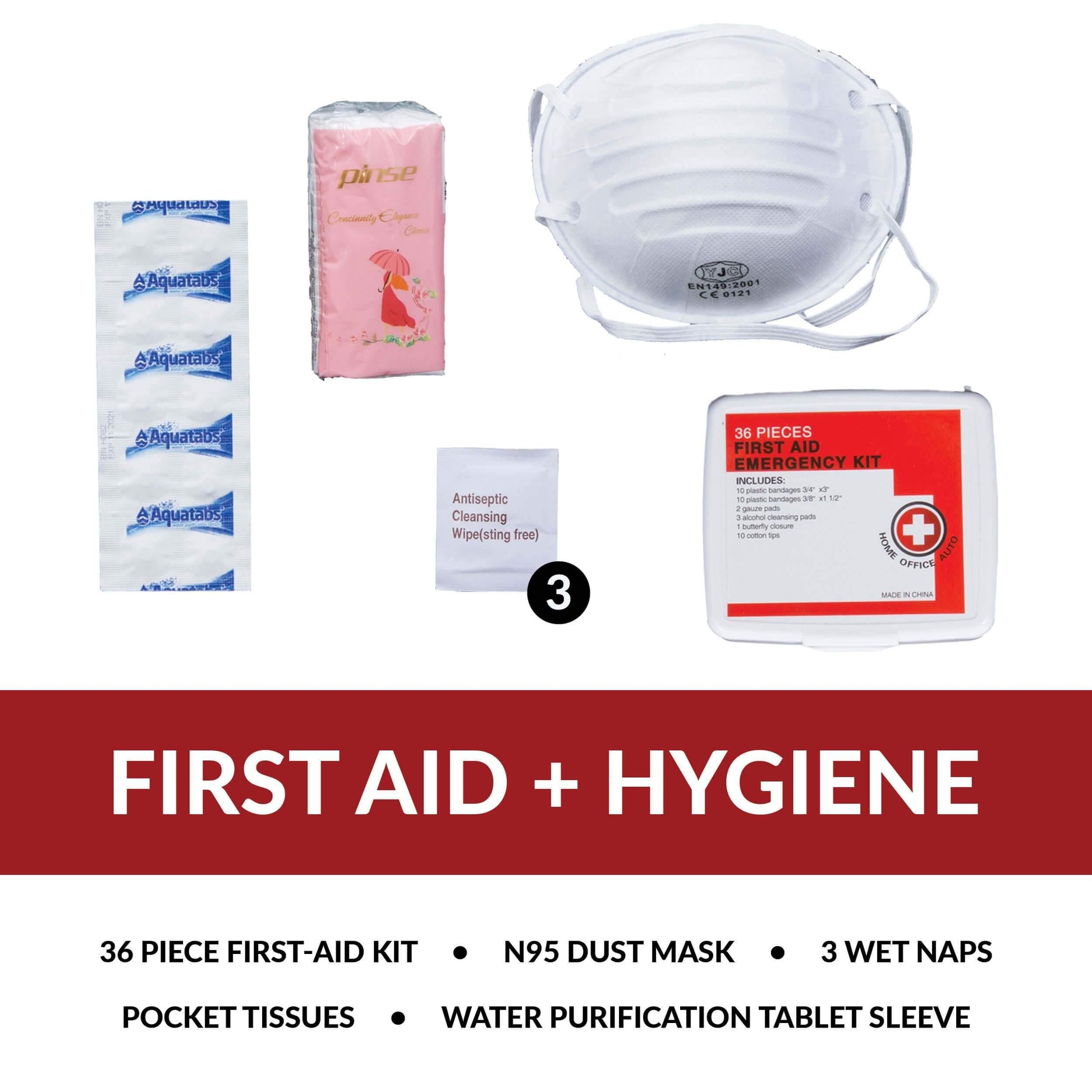 The American Reserves Red 64 Piece Survival Backpack includes a first aid kit, N95 mask, tissues, antiseptic wipes, wet naps, and water purification tablets—essentials for emergencies. Buy 1 Get 1 at 75% Off until 8/1/2025.