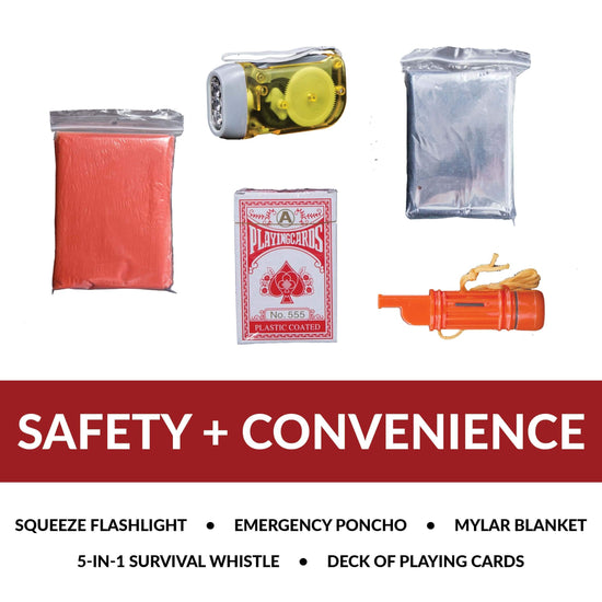 The American Reserves Red 64 Piece Survival Backpack includes a squeeze flashlight, poncho, mylar blanket, whistle, and playing cards—key items for safety and convenience. Buy 1 Get 1 at 75% Off until 8/1/2025.