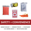 The American Reserves Red 64 Piece Survival Backpack includes a squeeze flashlight, poncho, mylar blanket, whistle, and playing cards—key items for safety and convenience. Buy 1 Get 1 at 75% Off until 8/1/2025.
